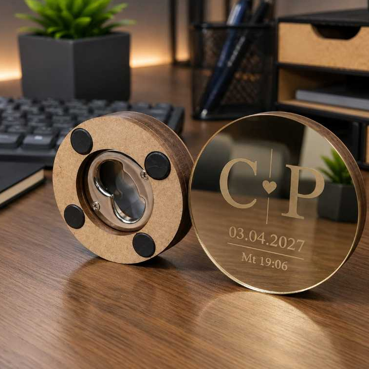 Abridor de garrafas personalizado em mdf e acrílico espelhado imã, chaveiro, casamento, lembrancinha, brinde