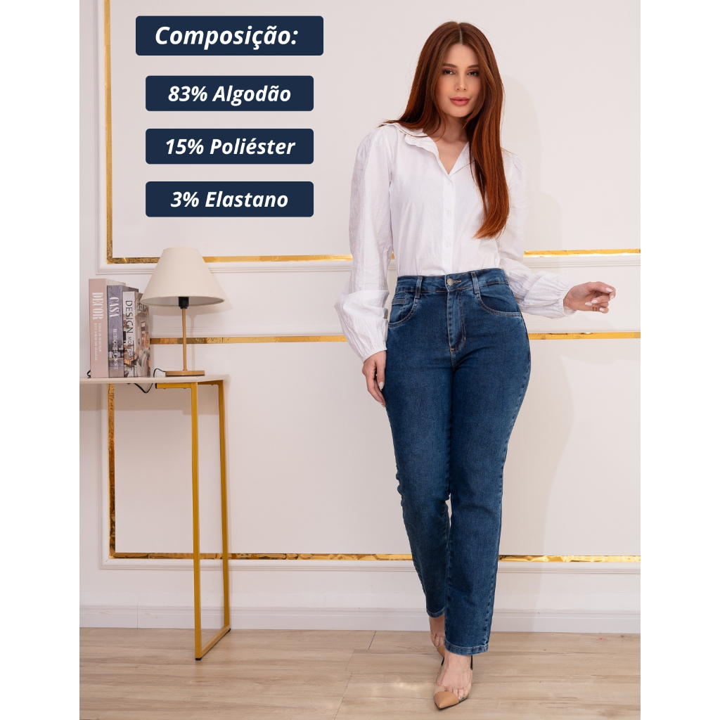Calça Sawary Reta Feminina Cintura Alta Lycra Elegante Bolsos Roupa Feminina Premium Original Brim — imagem 2 de 2