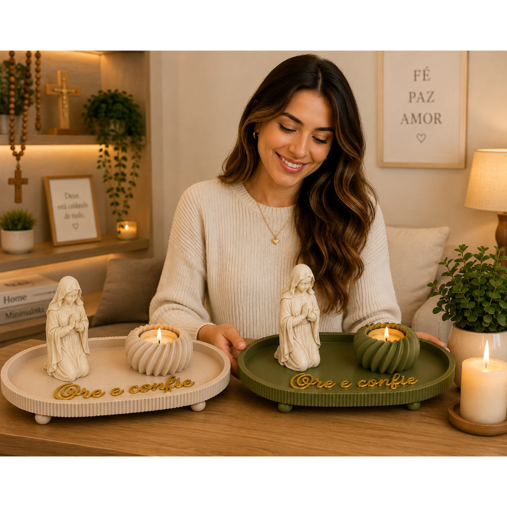Bandeja Decorativa Religiosa Ore e Confie com Nossa Senhora + Porta Vela e Vela LED – Decoração para Cantinho de Oração