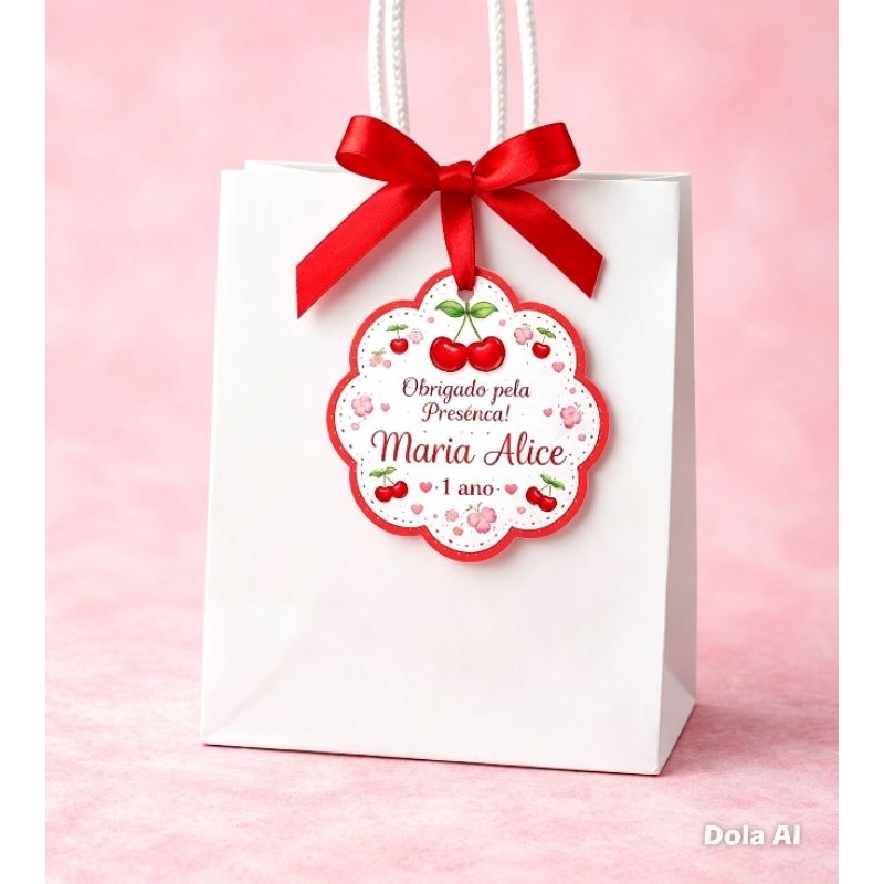 Tag Personalizada Cerejinha | Lembrancinha Festa Infantil | Tag Para Sacolinha | Kit 20 ou 30 Unidades 5cm
