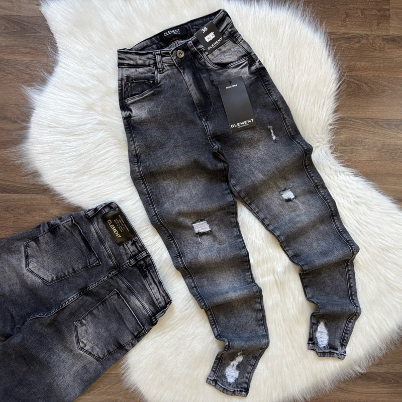 Calça Jeans Feminina Clement Preto Lavado Vintage Cintura Alta Lycra Power