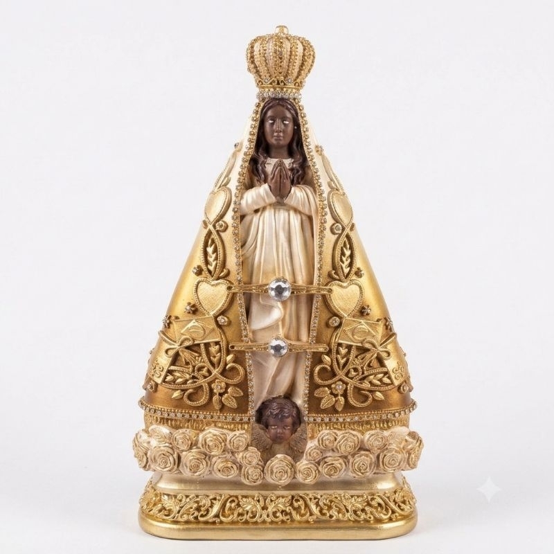 Imagem de Nossa Senhora Aparecida Decorada Degradê Dourado 33cm | Artesanal | Decoração Religiosa | Presente Católico