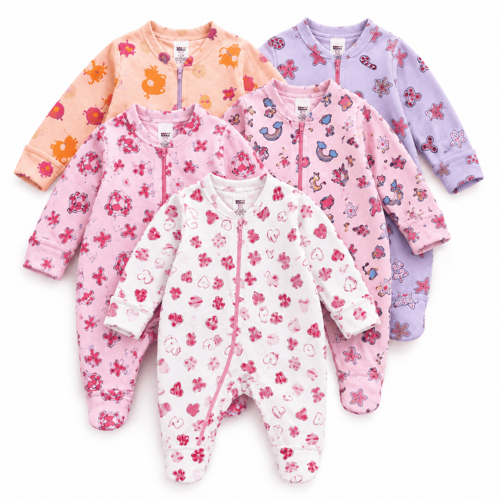Kit 5 Macacão Bebê Estampado Ziper Menina Algodão Vira Pé Inverno Enxoval Macio Inverno
