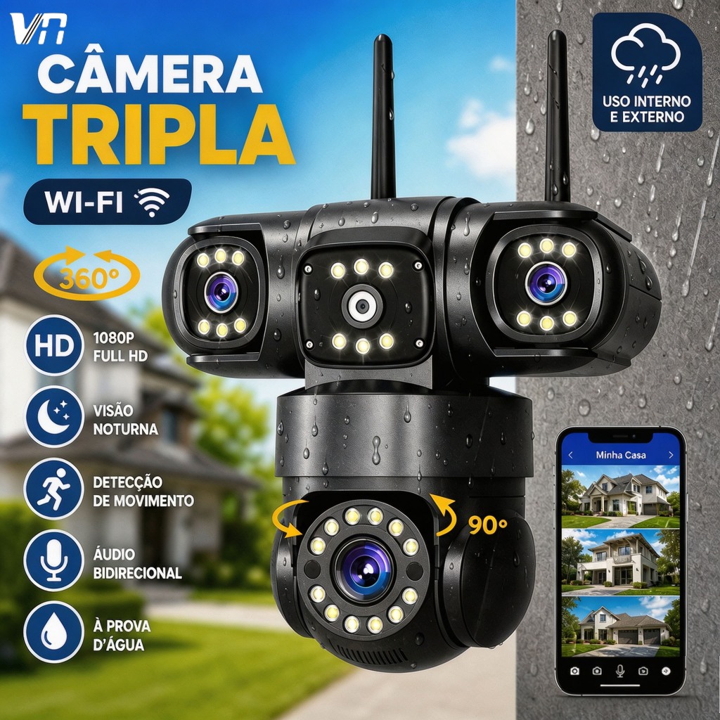 3 Lentes Câmera WiFi 360° Full HD 1080P Visão Noturna  Sensor de Movimento  Uso Interno/Externo P16