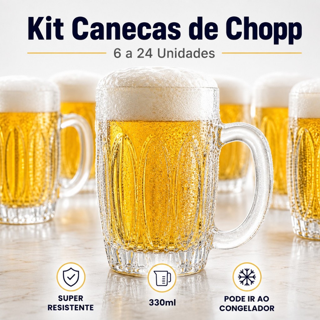 Canecas de Chopp Vidro 330ml Kit 6 a 24 Super Resistente Grosso Cerveja Chope Bar Churrasco