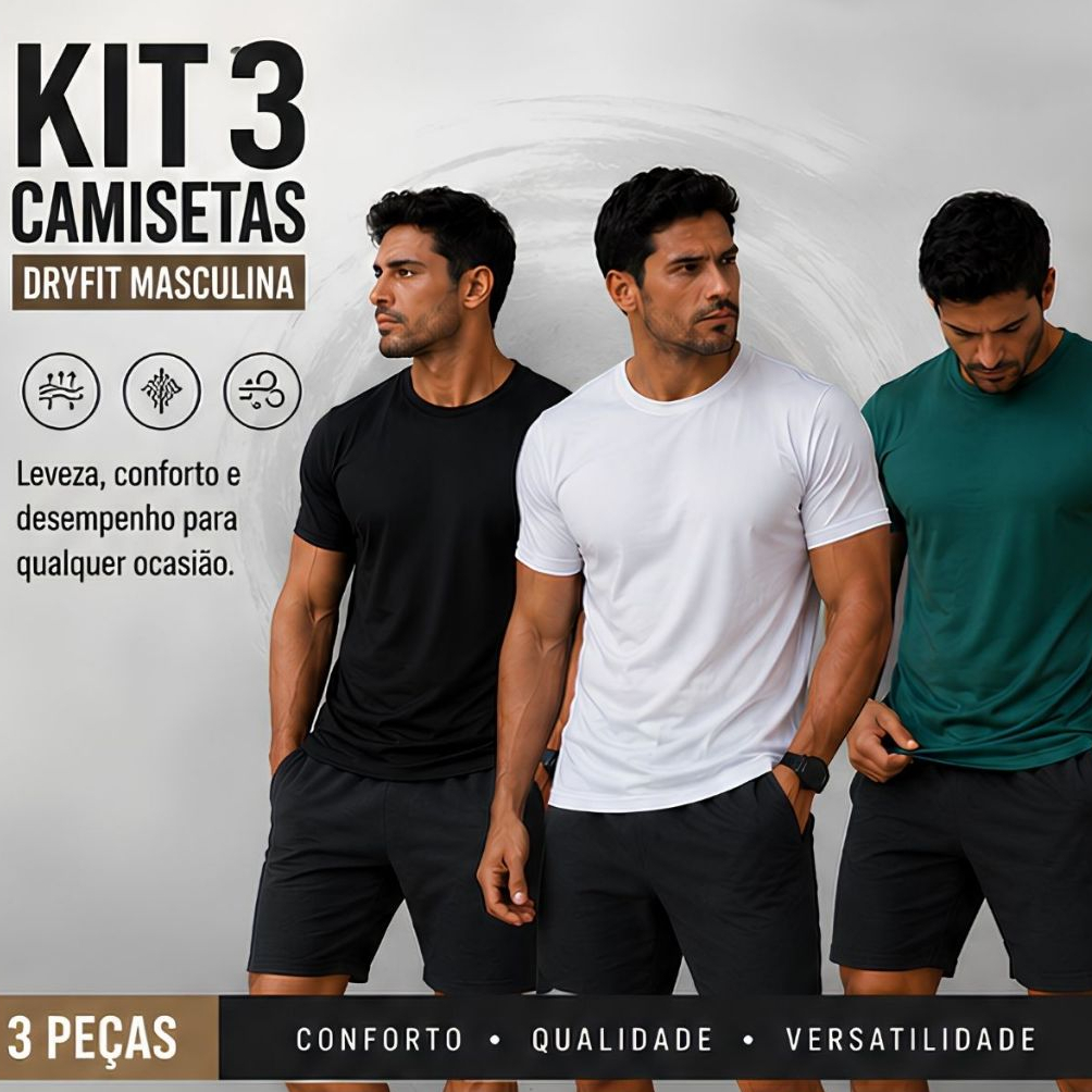 Kit 3 Camisetas Poliéster DryFit Masculina Lisa Academia Corrida Casual Esportes Confortável