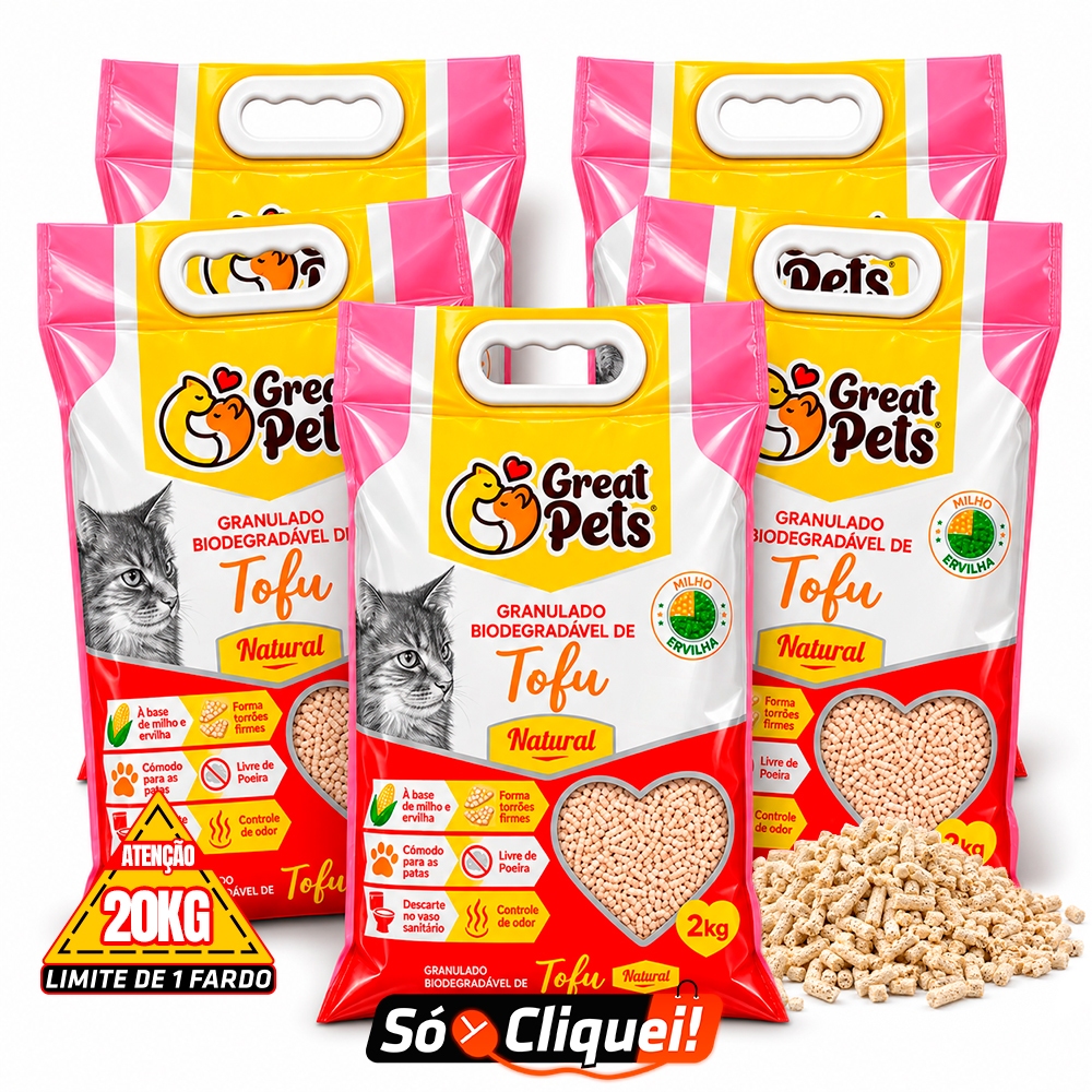 Kit 5 Pacotes 2KG a 10KG Areia Higiênica de Gato Tofu Natural Granulado Biodegradável Great Pets Absorção Forma Torrão