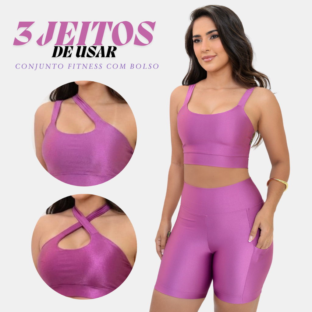 Conjunto Fitness Feminino com Bolso Lateral + Top 3 em 1 Versátil Academia Zero Transparência