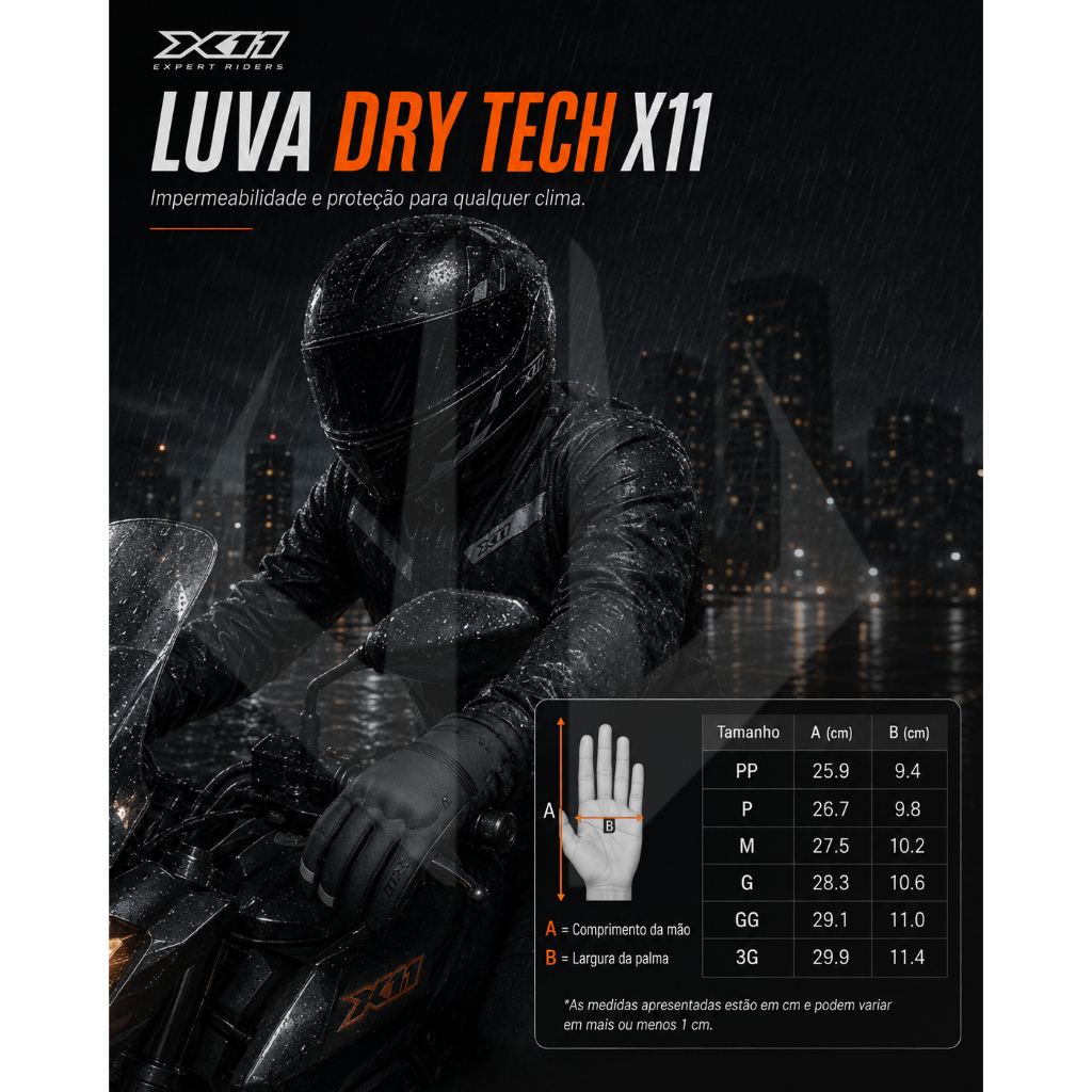 Luva X11 Dry Tech 100% Impermeável Conforto e Flexibilidade Preta · foto 2