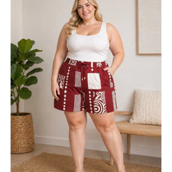 Short Feminino Estampado Cintura Alta com Bolsos Funcionais Casual