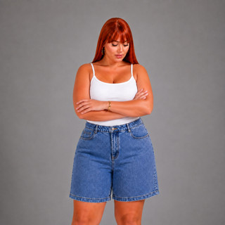 Short Jeans Feminino Plus Size Marmorizado Longo Com Lycra