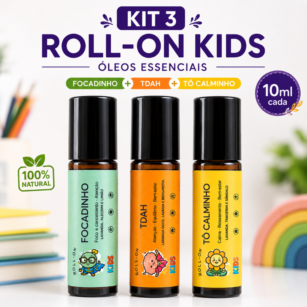Kit Roll On Infantil Kids 3 Óleos Essenciais Focadinho + TDAH + Tô Calminho