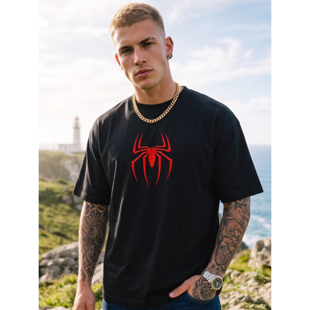 Camiseta oversized unissex com estampa de aranha estilo streetwear, tecido 100% algodão respirável, confortável c4049