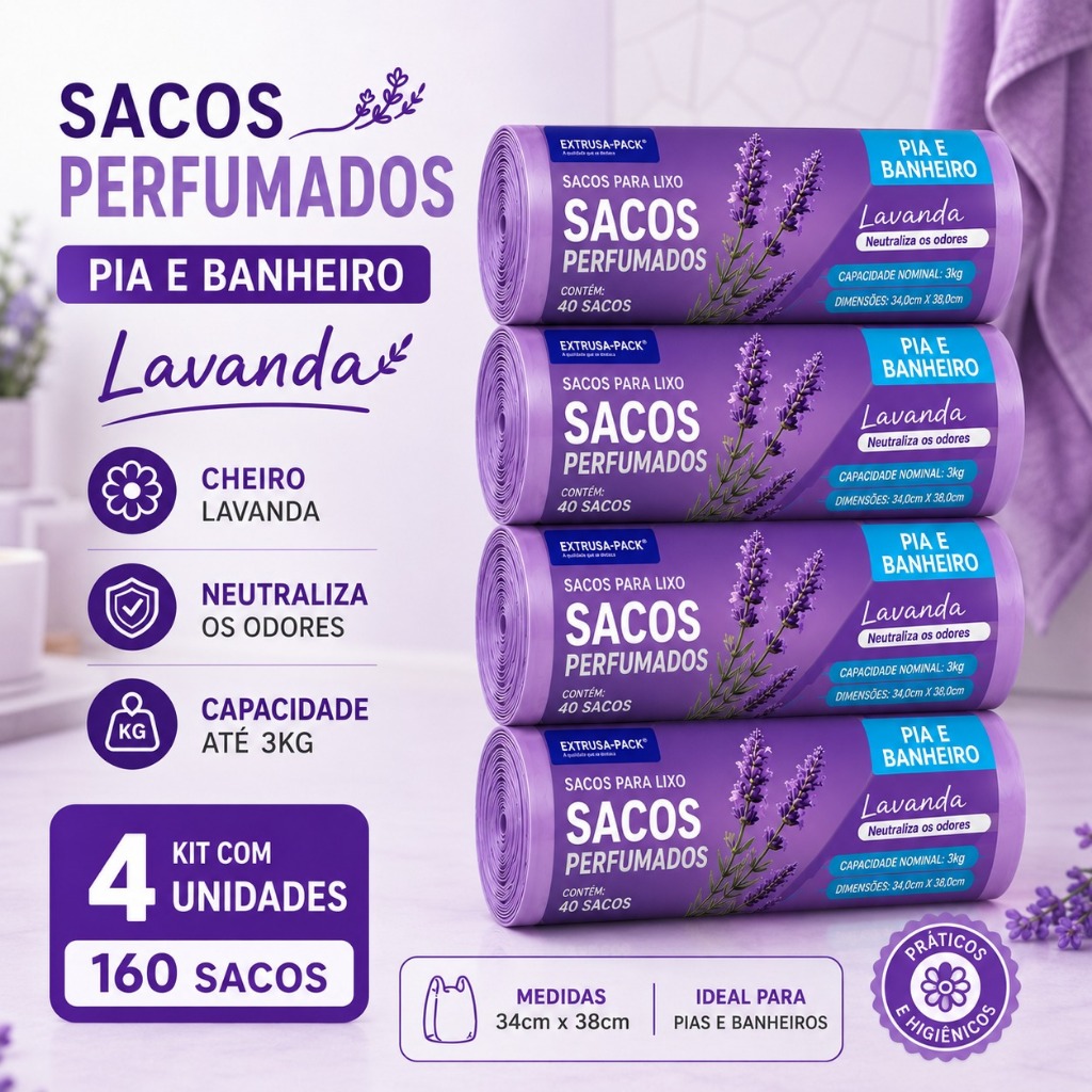 kit 4 Saco de Lixo Perfumado Lavanda 10L Com 160 Sacos para Pia e Banheiro