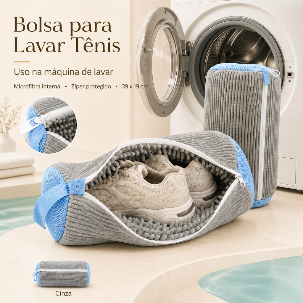 Bolsa para Lavar Tênis na Máquina 39x19cm Saco Protetor com Zíper e Microfibra para Sapatos