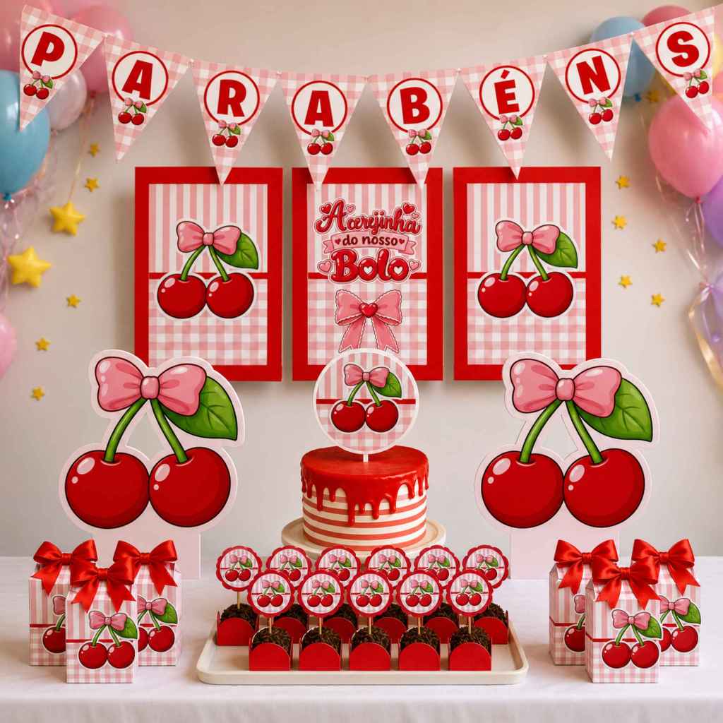 ENVIO RÁPIDO Kit Festa Cerejinha Personalizado | Só Bolinho Cereja | 100 Itens Lembrancinha | Aniversário Decoração