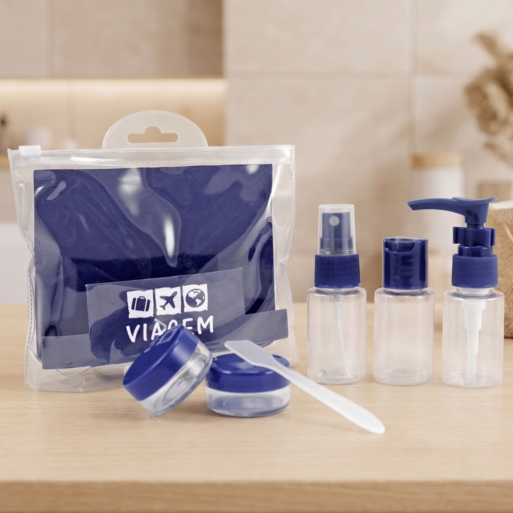 Kit Frascos para Viagem 7 Peças Jacki Design 30ml com Necessaire Transparente Spray Pump Potes