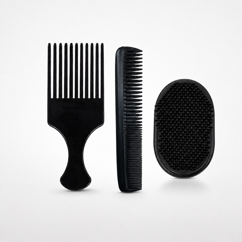 Pente Escova De  Cabelo Garfo + Oval +  Masculino Preto Kit Homem Barba
