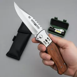 Kit Canivete de Madeira Aço Inox Dobrável Automático + Mini Lanterna +Bainha Tático de Bolso Camping