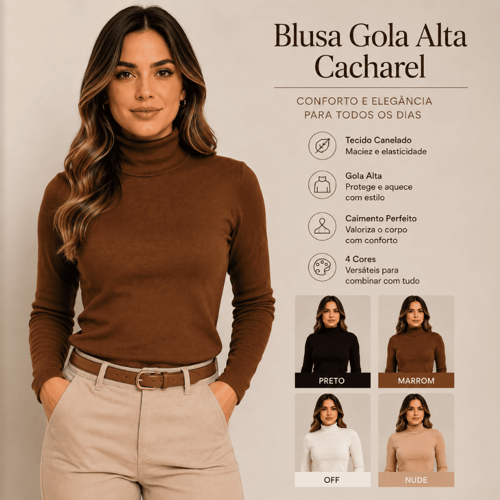 Blusa Cacharrel Feminina Gola Alta Manga Longa Canelada Segunda Pele Inverno