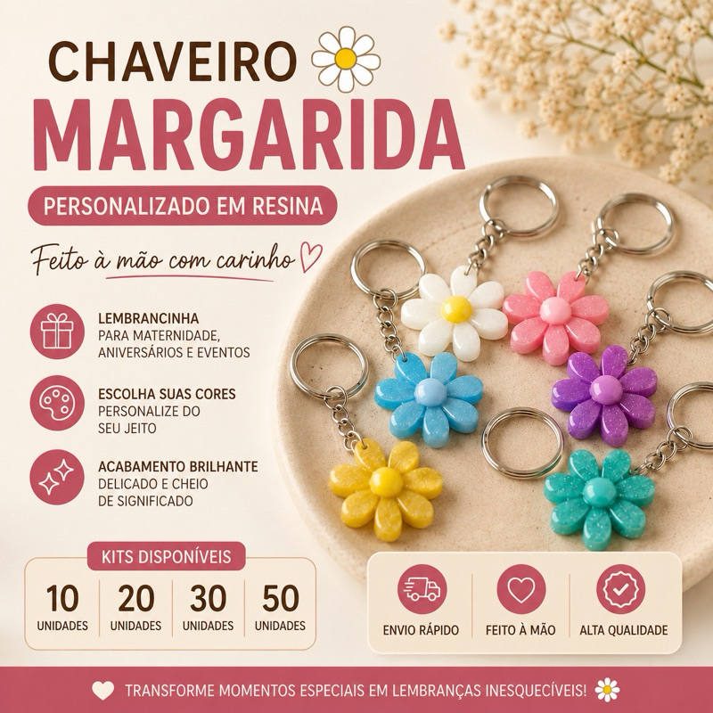Chaveiro Margarida Personalizado em Resina | Lembrancinha para Maternidade, Aniversário e Eventos | Kit 10, 20, 30 ou 50
