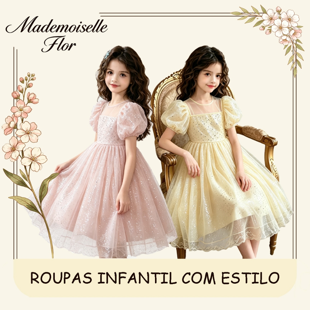 Vestido Infantil Menina Princesa com Tule e Paetês, Manga Bufante, Festa, Aniversário e Casamento