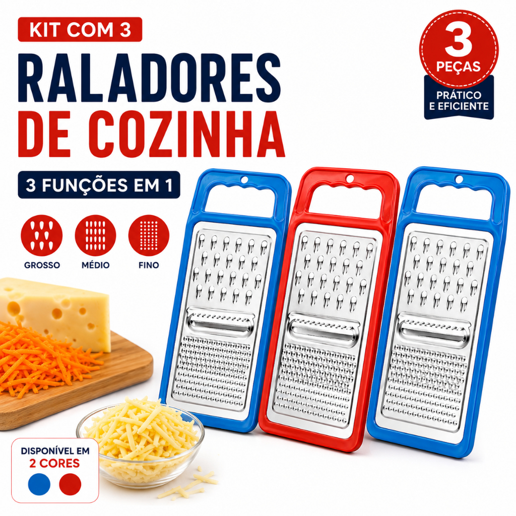 Kit 3 Ralador Cozinha Manual 3 em 1 Multiuso Queijo Legume Vegetal Fatiador Cortador Grosso Médio