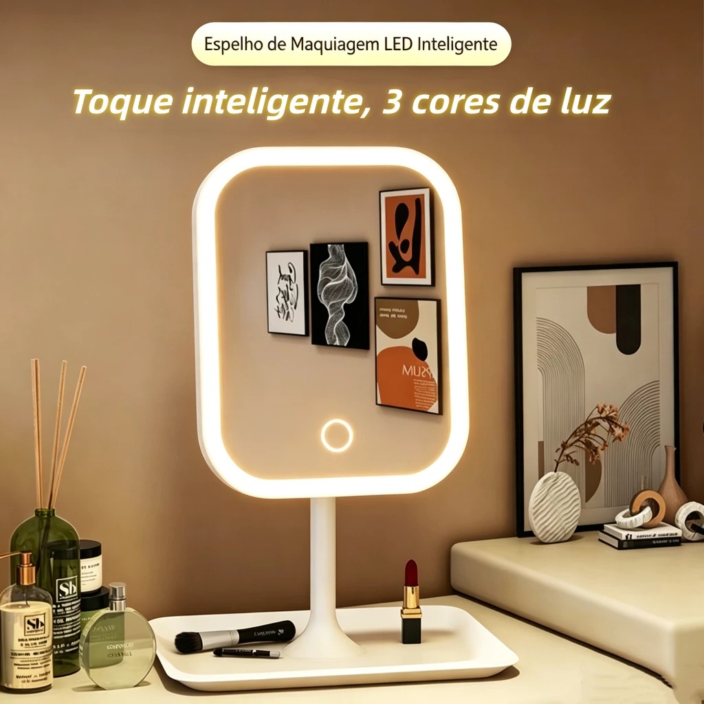 Espelho Decorativo com LED de Mesa Redondo / Quadrado para Maquiagem e Luminaria luz forte
