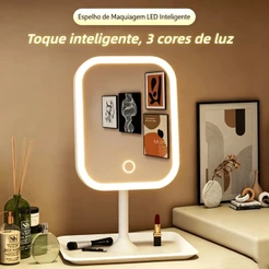 Espelho de Maquiagem LED com Luz 3 Tons Cor Recarregável USB Touch Mesa com Bandeja