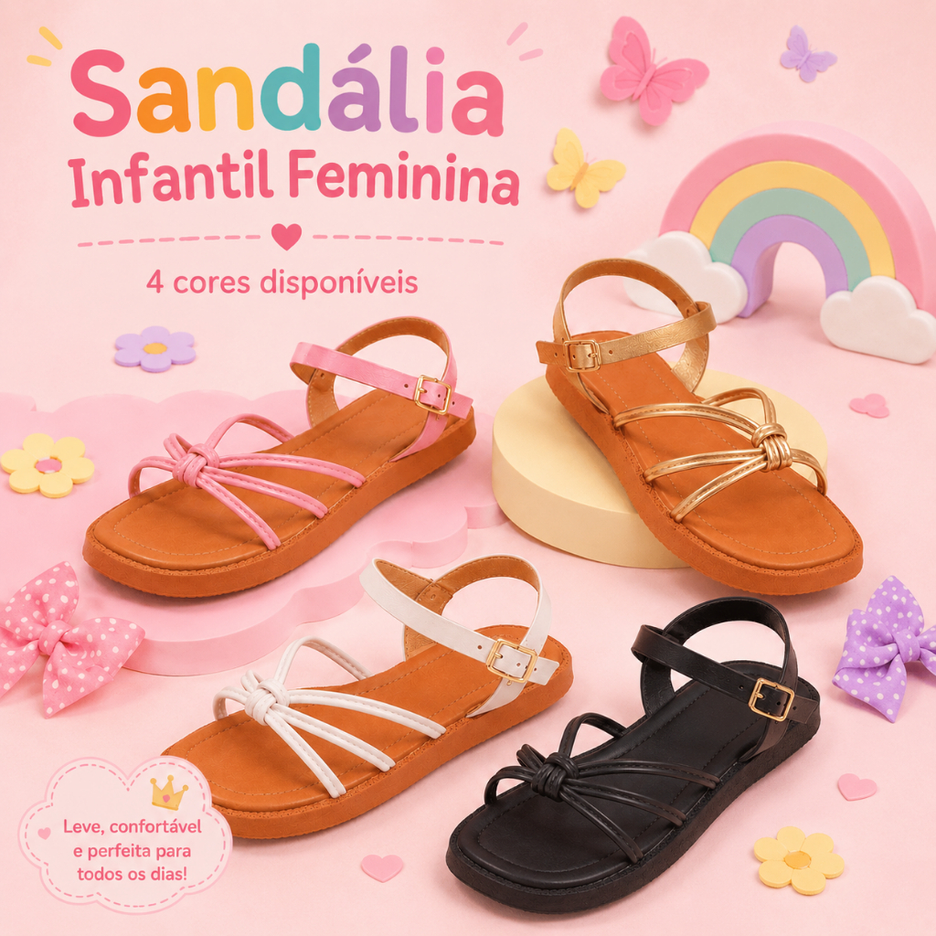 Sandália Infantil Feminina Rasteira Confortável com Tiras Ajustáveis Leve Casual para Meninas Passeio Dia a Dia Conforto