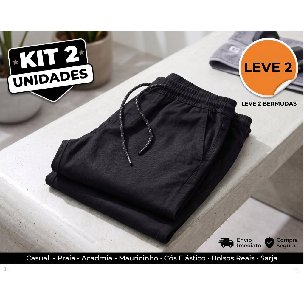 Kit 2 Bermudas Masculinas Sarja Jeans Preta Bolsos Casual Mauricinho - Academia - Praia Com Elástico Cordão — imagem 2 de 2
