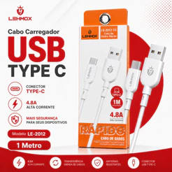 Cabo Carregador USB Tipo C LE-2012 1 Metro Preto e Branco Para Carga e Dados