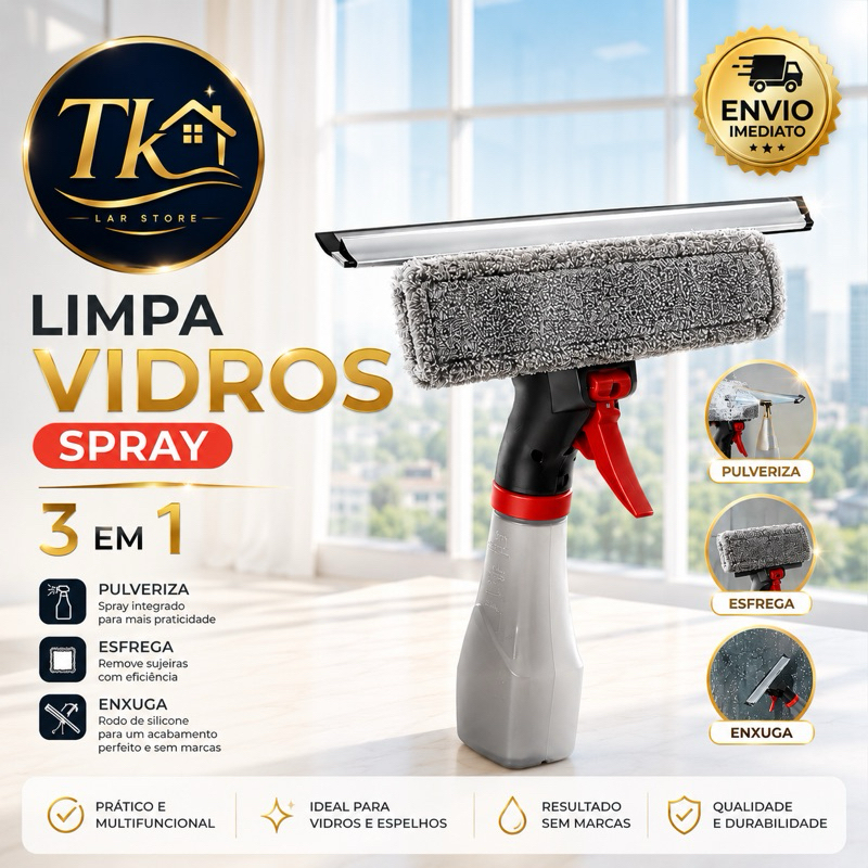 Limpador (rodinho) De Vidros Spray Microfibra 3 Em 1 Com Borrifador 240ml Limpa e Seca Vidros Janelas Powermaid