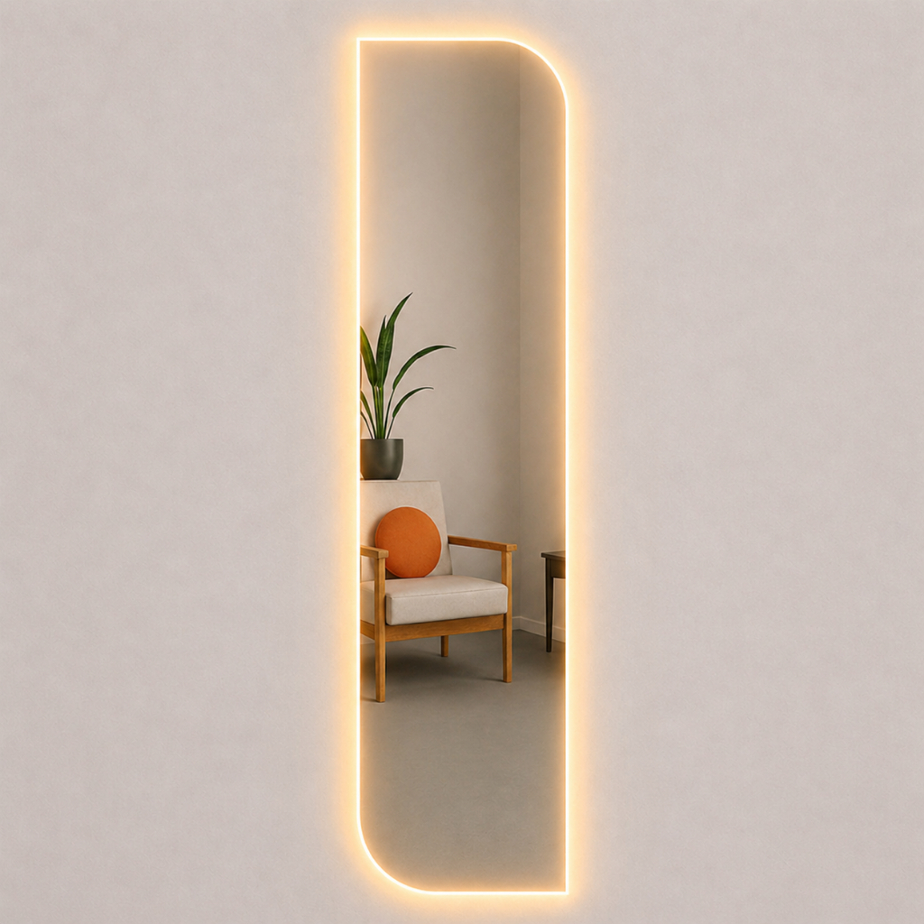 Espelho Corpo Inteiro Retangular Assimétrico 44x160cm com LED Amarelo Para Quarto Sala Hall