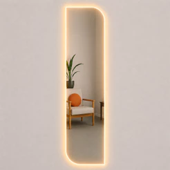 Espelho Corpo Inteiro Retangular Assimétrico 44x160cm com LED Amarelo Para Quarto Sala Hall