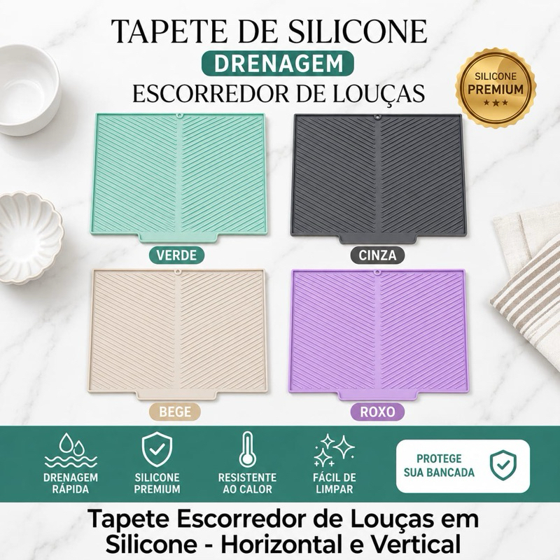 Tapete Escorredor De Silicone Pra Pia Cozinha Secador Prato Copo Antiderrapante Resistente Calor Drenagem Rápida Premium