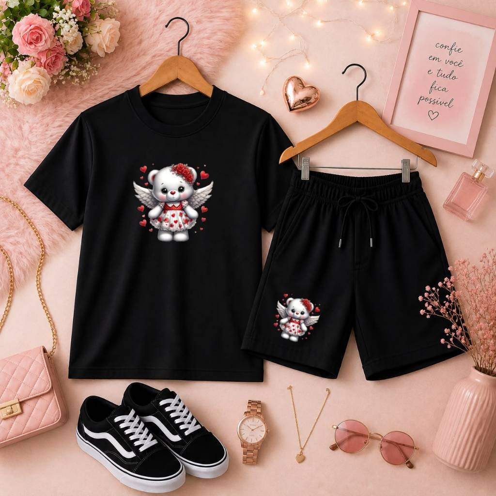 Conjunto Feminino Infantil Verão Camiseta Básica e Short Moletom Leve e Confortável Estampa Ursinha Assas Corações
