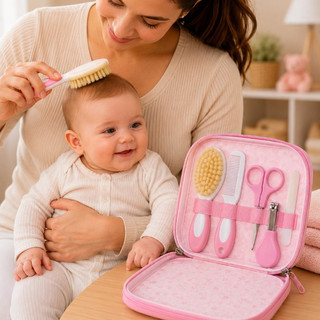 Kit Enxoval Bebê Higiene 5 Peças Completo Estojo Cuidados Cerdas Naturais Infantil Recém Nascido