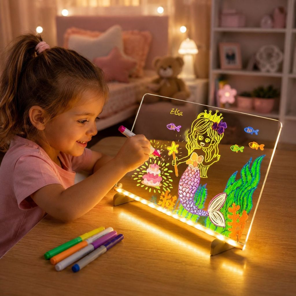 Losa Luminária Led 3D Desenho Acrílico Brilhante USB + 7 Canetas Escrever Lousa Desenho E Pintura