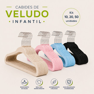 Cabide Infantil Veludo Slim Antideslizante Organizador – Criança e Bebê | 10, 20, 30 ou 50 Unidades