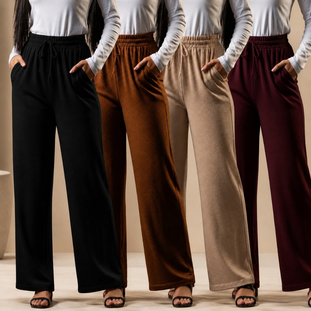 Calça Feminina Pantalona Duna Elástico Cós Largo Bolso Cintura Alta Elegante Tecido Wide Leg Premium