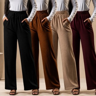Calça Feminina Pantalona Duna Elástico Cós Largo Bolso Cintura Alta Elegante Tecido Wide Leg Premium