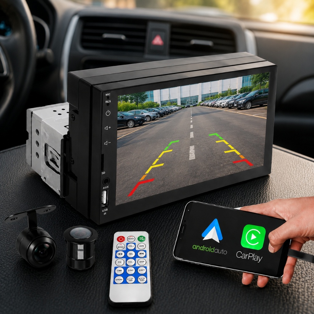 Central Multimídia Automotiva + Câmera Ré Mp5 1 Din Tela 7 Polegadas Touch Acessório Som Automotivo Universal