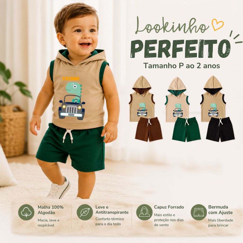 Conjunto Bebê Menino Verão Regata Capuz Bermuda Algodão Malha Roupa Masculino Infantil 1 e 2 anos