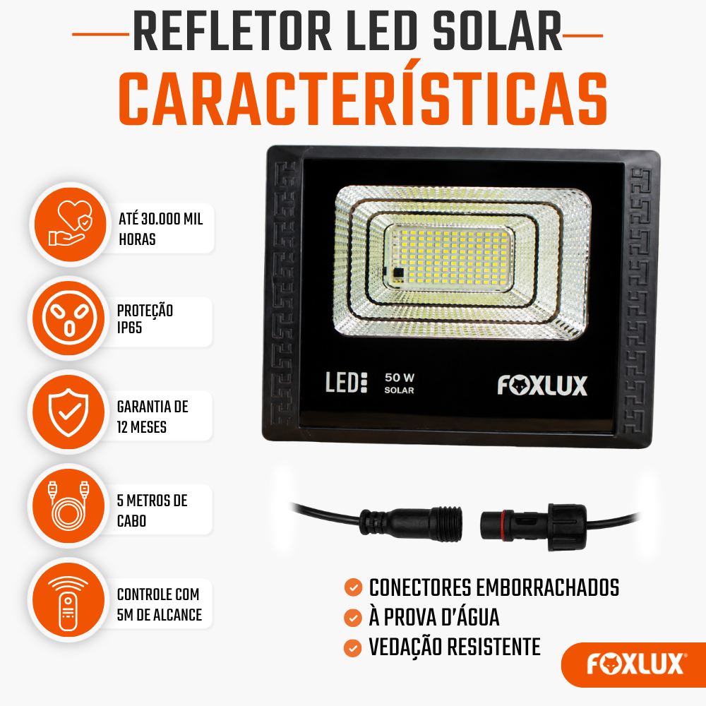 Refletor LED Solar 50W Foxlux 6500K Branco Frio Painel Solar Controle Remoto — imagem 2 de 2