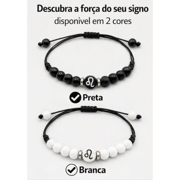 Imagem Pulseira dos Signos Zodíaco Masculina e Feminina Pedra Ônix Preta ou Branca Regulável 6mm Premium Artesanal