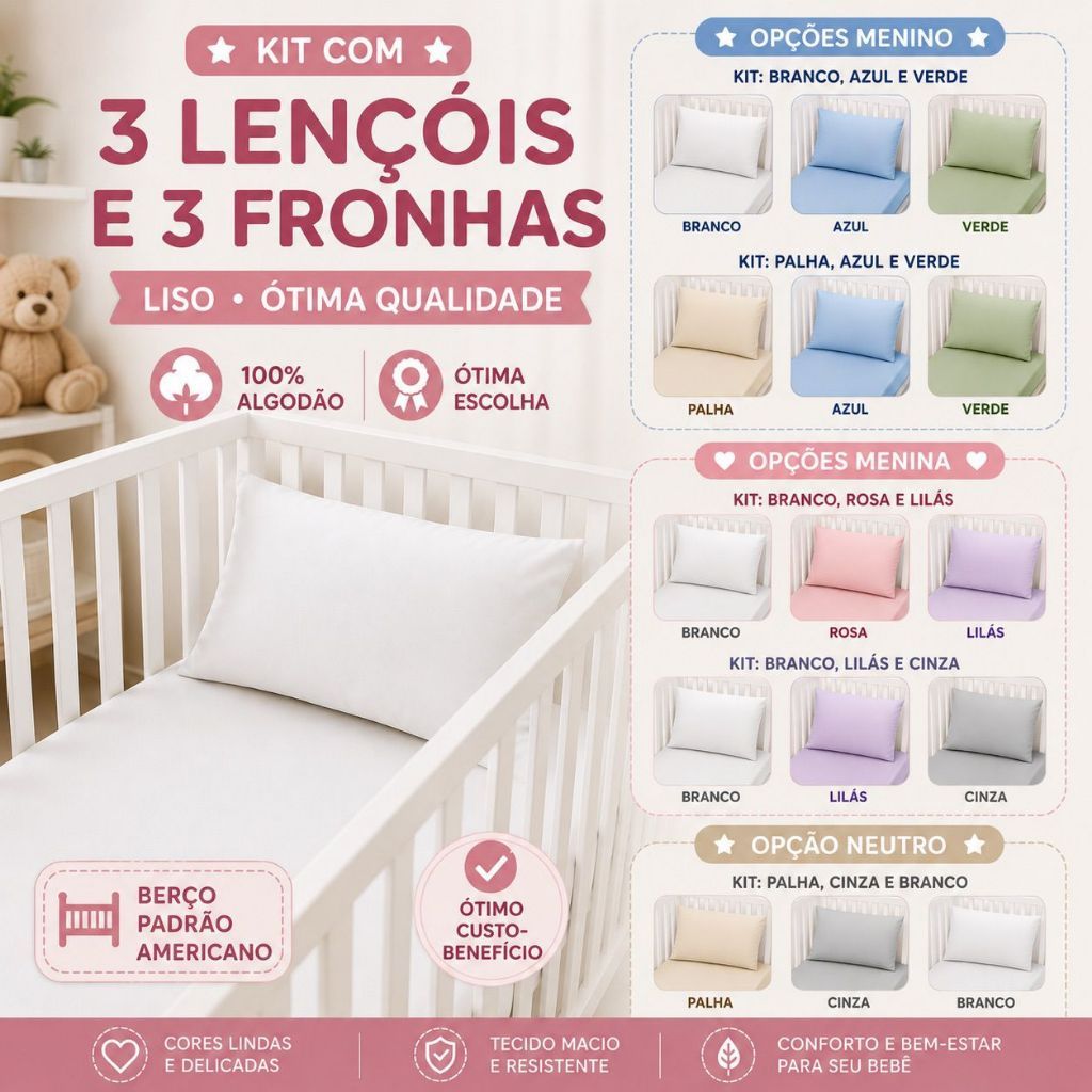 KIT 3 JOGOS LENÇOL E FRONHA LISA DE BERÇO PADRÃO AMERICANO CORES VARIADAS 100% algodão