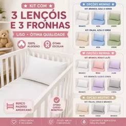 KIT 3 JOGOS LENÇOL E FRONHA LISA DE BERÇO PADRÃO AMERICANO CORES VARIADAS 100% algodão