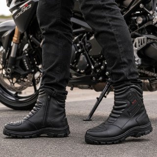 Bota Coturno Motoqueiro Masculina Motociclista de Couro Macio Leve Confortável Resistente Com Zíper Lateral e Refletor