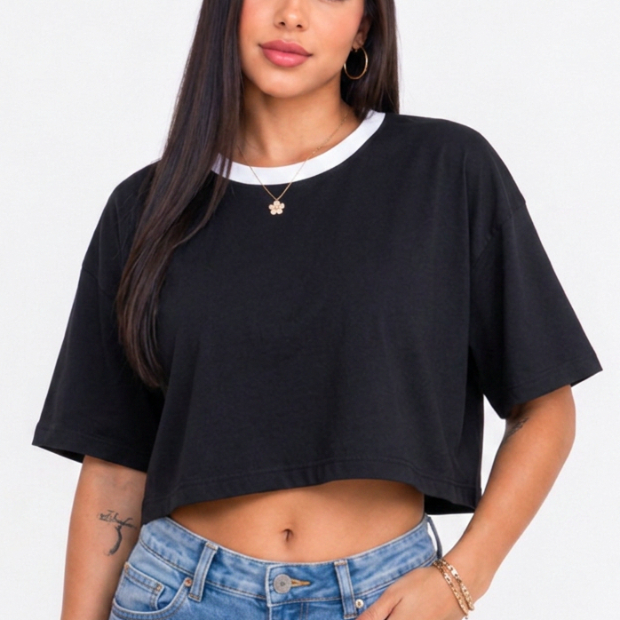 Cropped Oversized T-Shirt Feminina 100% Algodão Básica Casual Soltinha Manga Curta